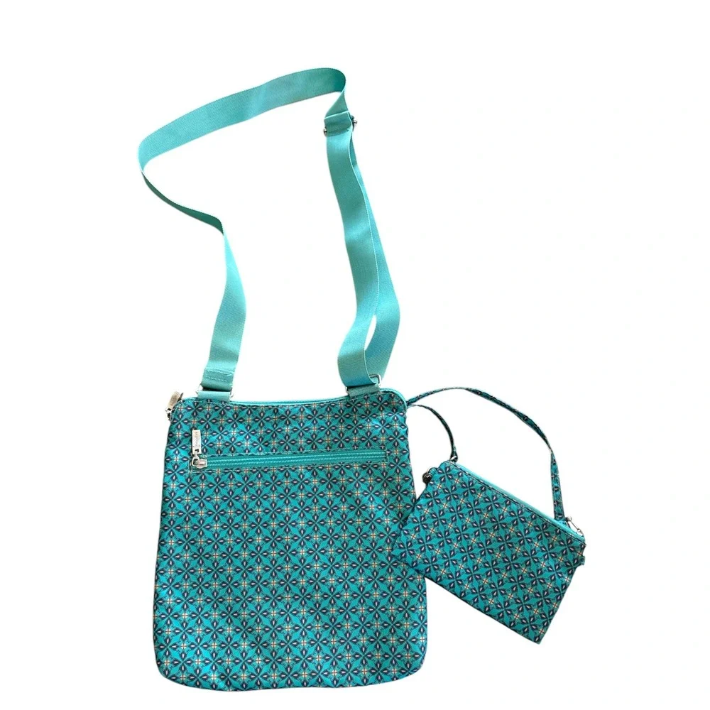 Baggallini Teal Geometric Print Crossbody Bag with Matching Wristlet Pouch Set